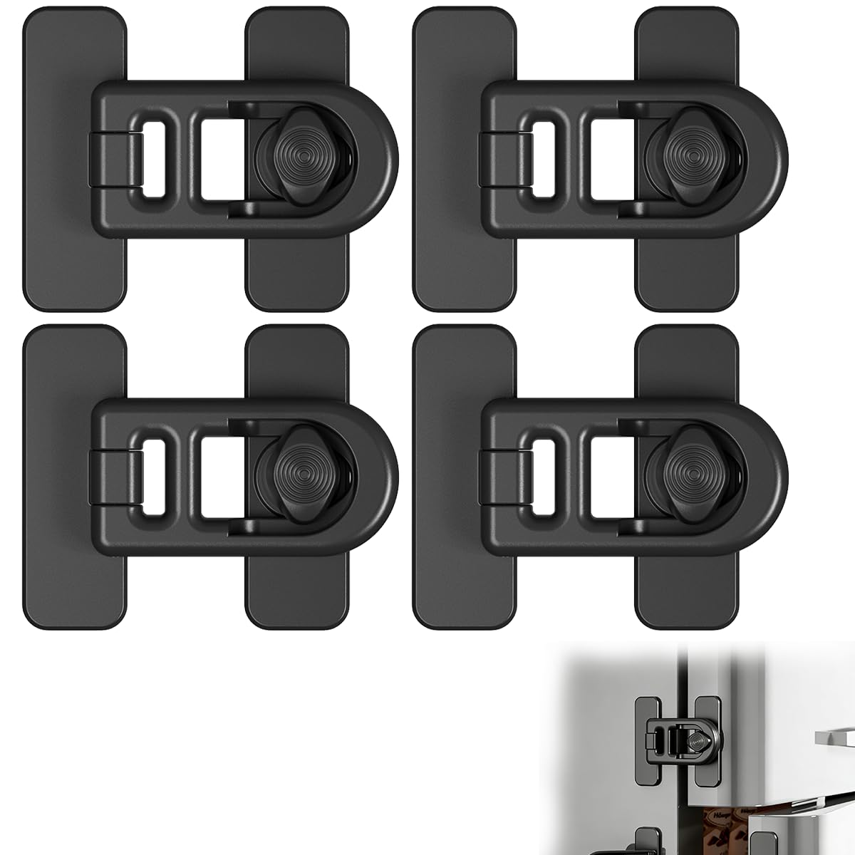 Serrure de Porte de Réfrigérateur de Sécurité Enfant, Lot de 4 Verrous ABS Noirs avec Rotation 90°, Protection Bébé pour Frigo, Tiroirs et Armoires
