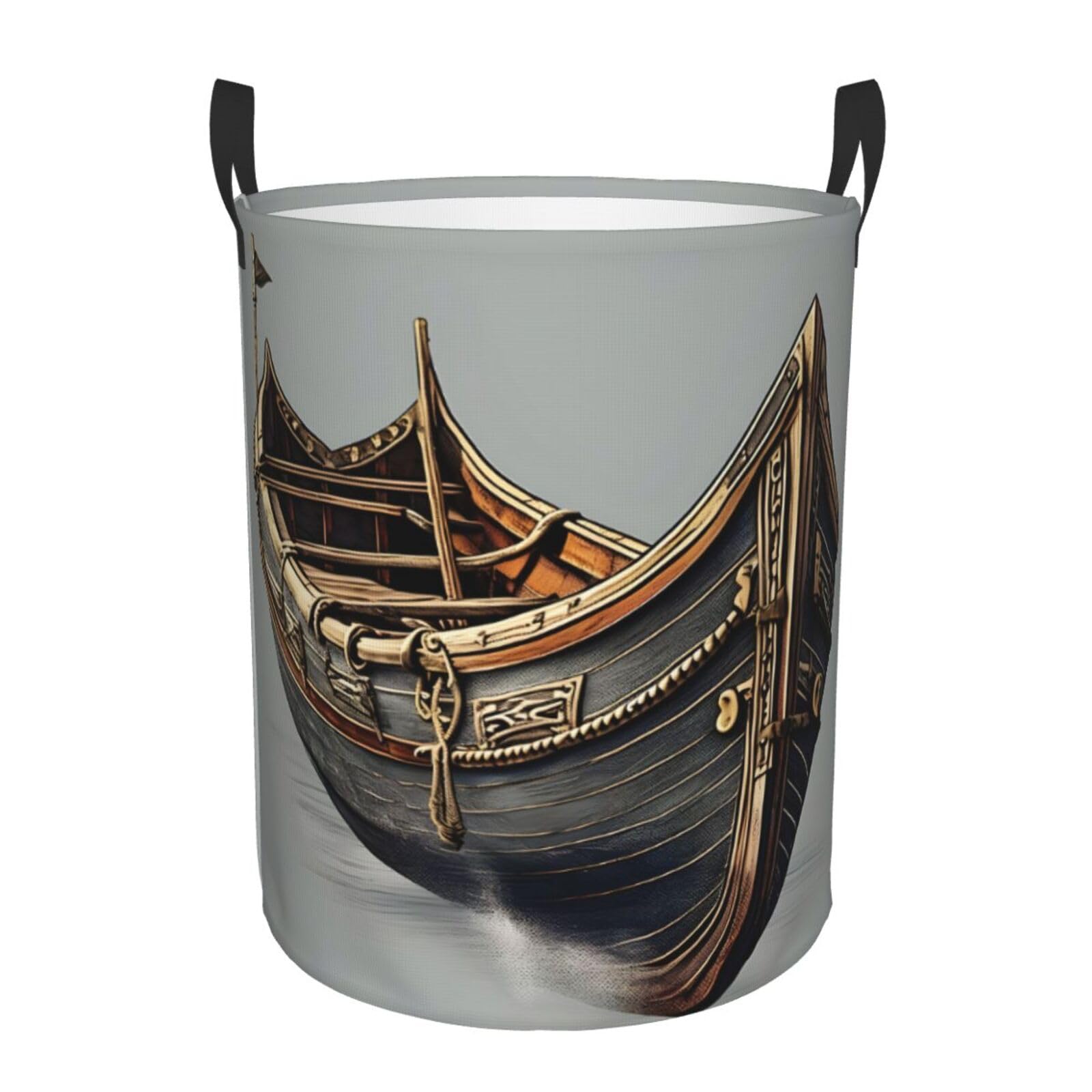 S Collapsible Round Old Viking Boats Print Laundry Hamper