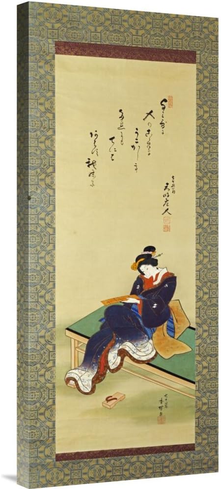 Global Gallery Budget GCS-265073-30-142 Utagawa Kunisada A Woman Seated On A Bench Holding A Poem Card Gallery Wrap Giclee on Canvas Print Wall Art