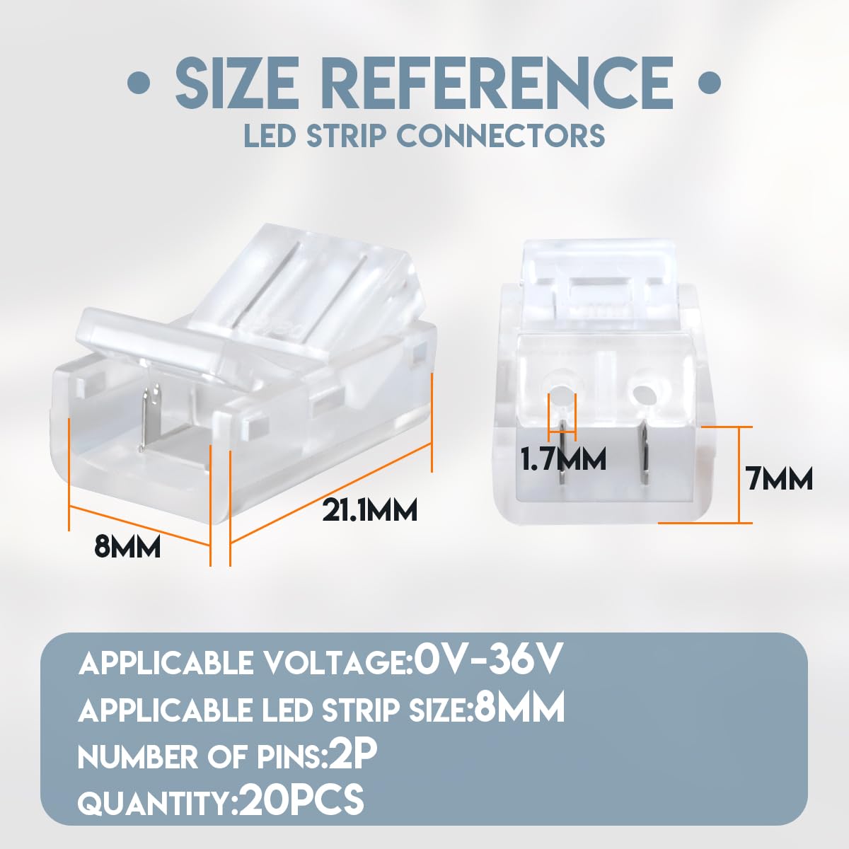 Conector rápido LED 8mm 2 pines para tira de alambre, 20 piezas