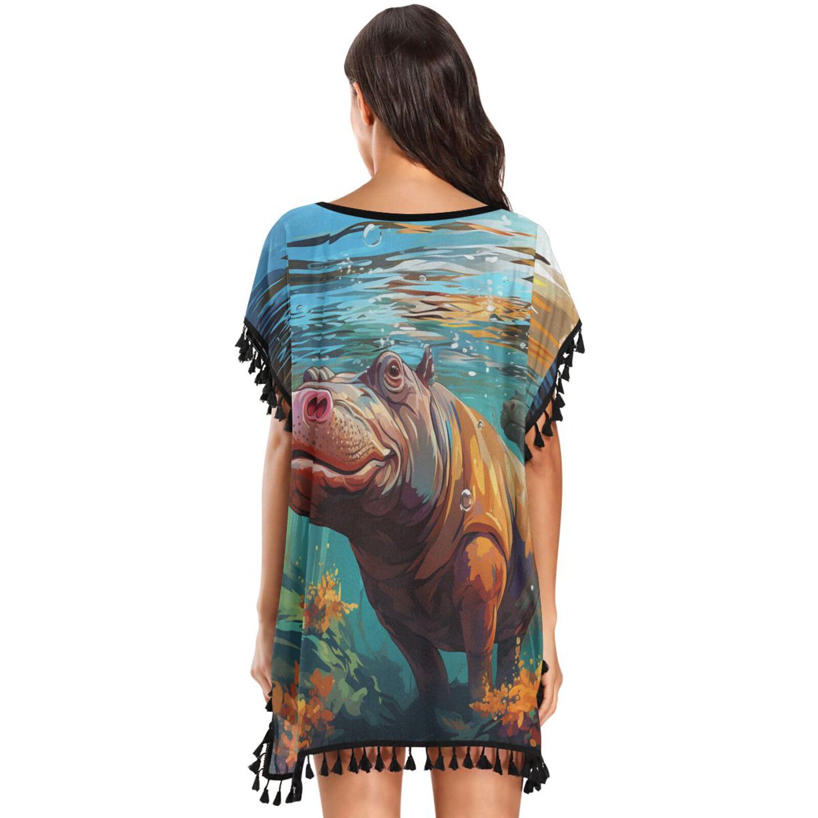KAAVIYO Colorful Blue Sea Hippopotamuses Women's Beach Cover Up Chiffon Tassel Swimwear Swimsuit Coverups for Girl