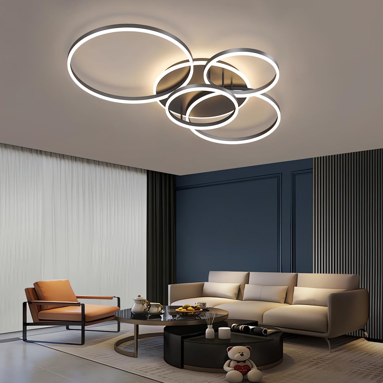 TUJJTU LED Ceiling Light Dimmable 5 Rings Ceiling Lamp 72w with Remote Control Ceiling Lamps Fixture for Living Room,Bedroom,Kitchen (Black, 4+1 Heads)