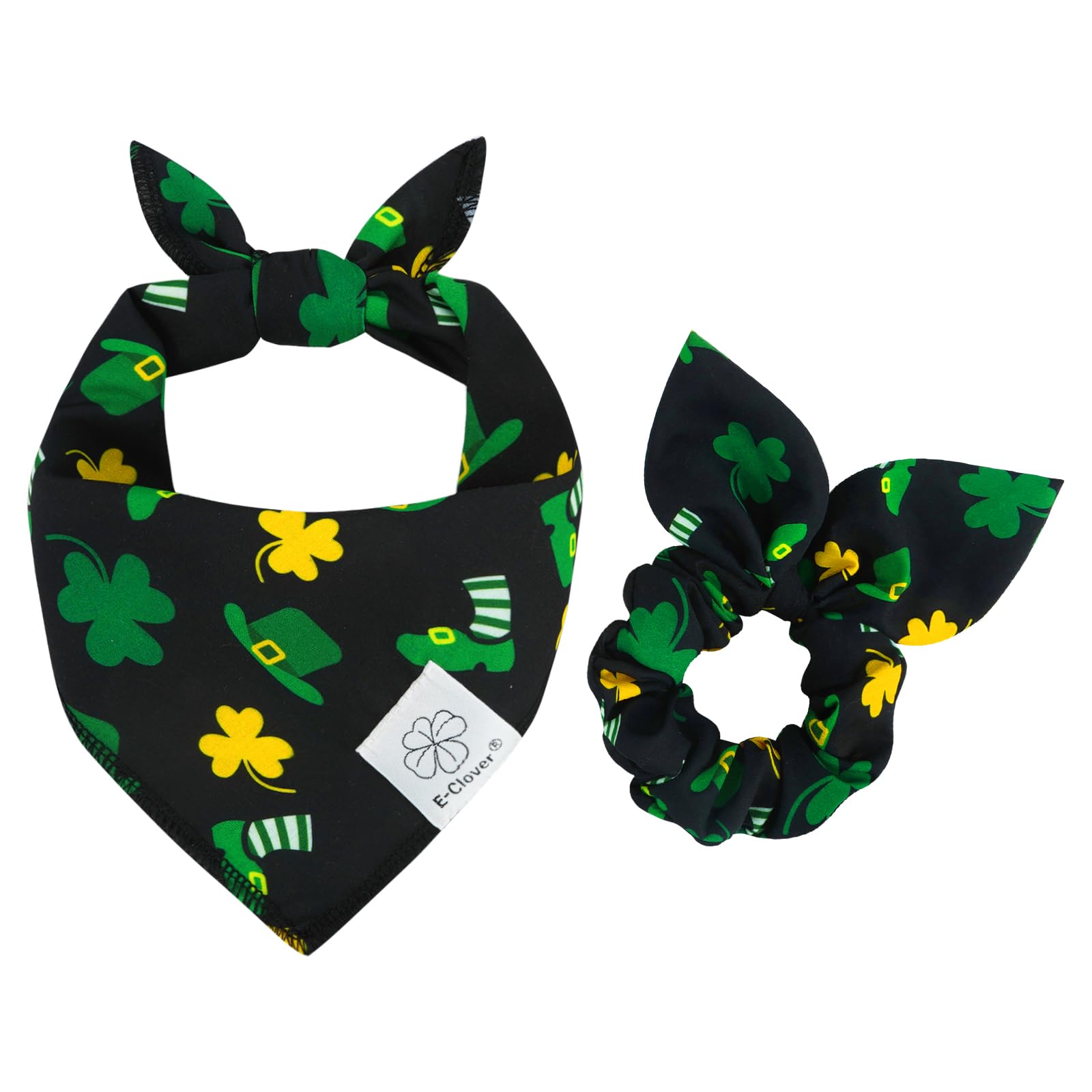 E-Clover St Patrick Dog Bandana Boy & Matching Scrunchie-Shamrock Dog Bandanas Irish Pet Scarf Bib for Samll Dogs Puppy Girl Owner Gift Dark Green