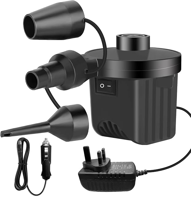 Electric Air Pump, Jsdoin 240V High Power Electric Air Pump for Air Bed Mattress Inflatables Paddling Pool Beach Toys, Fill Inflator Deflator with 3 Sizes Nozzle