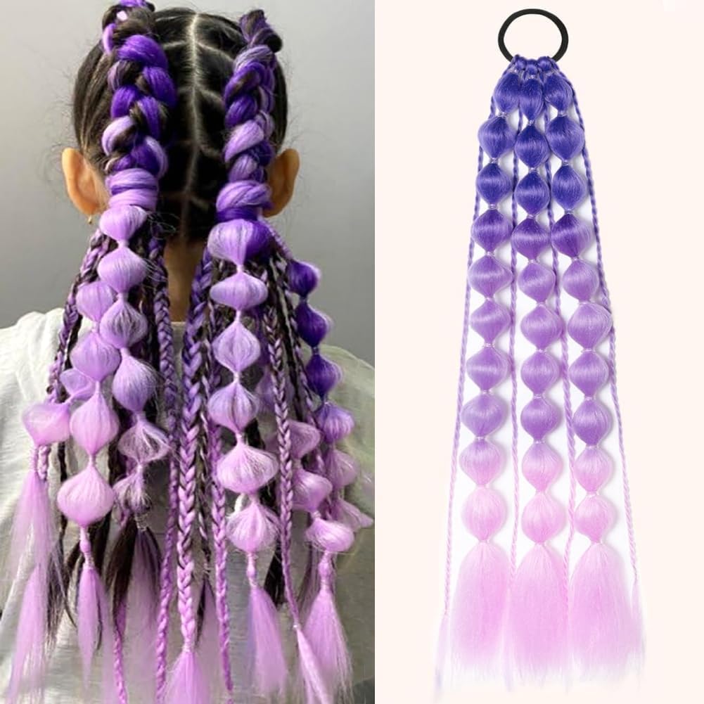 Colored Hair Extensions, Lightweight Colored Hair Extensions for Kids, Ombre Braided Bubble Ponytail Extension with Hair Tie Hairpieces for Girls Daily Wear, 24" Inches Crazy Hair Day (blue+purple+pink)-image-23
