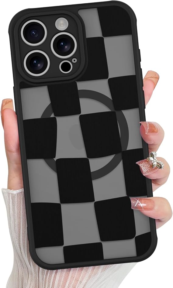 KANGHAR for iPhone 15 Pro Case Checkered Matte Aesthetic Cute Pattern Magnetic