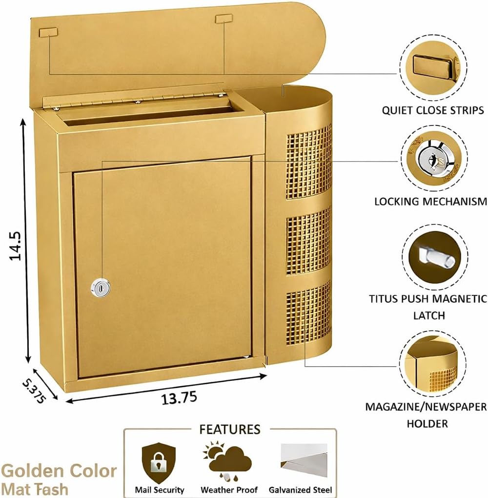 58745 Modern Mailbox Magazine Newspaper Holder, Rust & Weather Proof Steel Design, Vertical Wall Mount - Golden