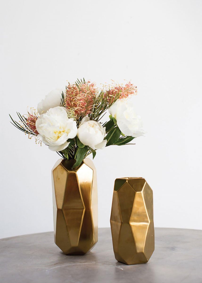 Accent Decor Gold Maven Ceramic Geometric Cylinder Vase - 6" Tall x 3.5" Wide - Flower Holder for Home, Office, and Event Decor.