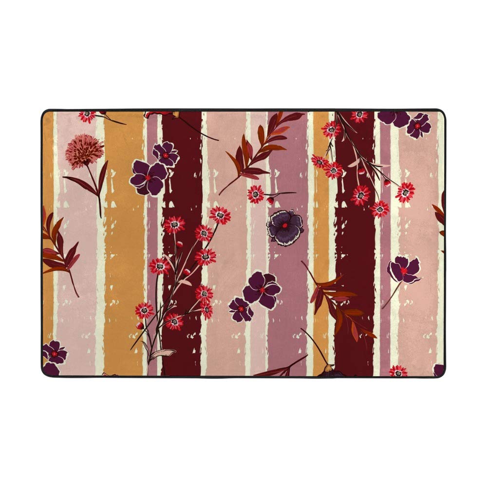Tapis de surface de salon velours corail Ruchen 160x122cm à motif fleurs rouges et rayures