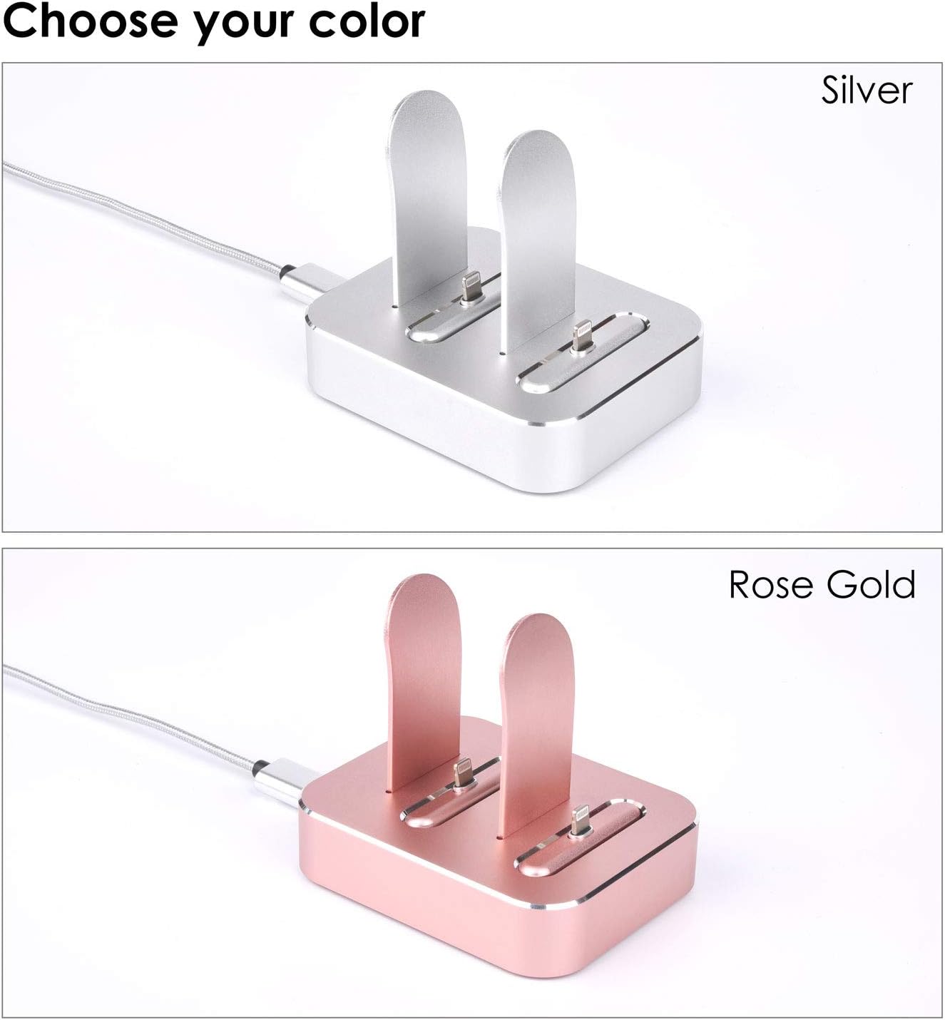 ❤ Crazy Deals 2-in-1 Charging Stand Compatible with iPhone 11/XS/8/8Plus/7/iPad/Airpods1/2/Airpods pro, Aluminum Alloy Built-in USB Cell Phone Charger Stations, Dual Charger Station, Mobile Phone Holder (Silver)