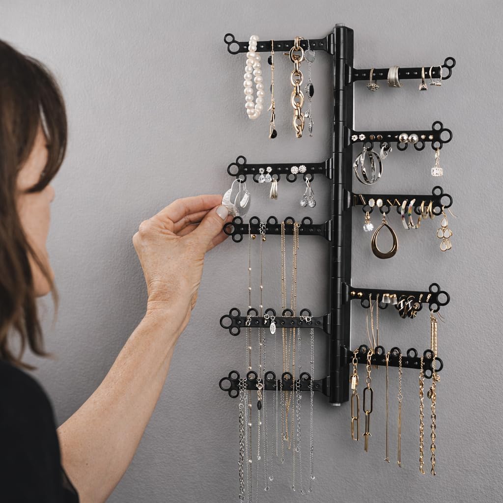 AllHungUp 12-Tier Wall Jewelry Organizer Wall Mounted Jewelry Organizer Necklace Holder Wall Mount Hanging Necklace Organizer Jewelry Hanger Wall Mounted Earring Holder Display Earring Organizer Black