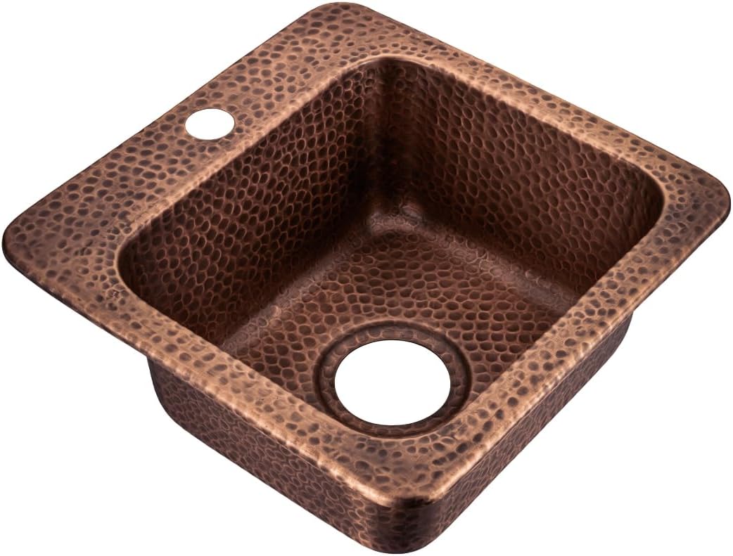 Kitchen & Bar Sink – 15-inch Baxter Drop in Small Bar Sink, Hand Hammered Pure Copper Sinks with Faucet Hole for Wet Kitchens, Decorative Kitchen Sinks, Single Drop in RV Sinks
