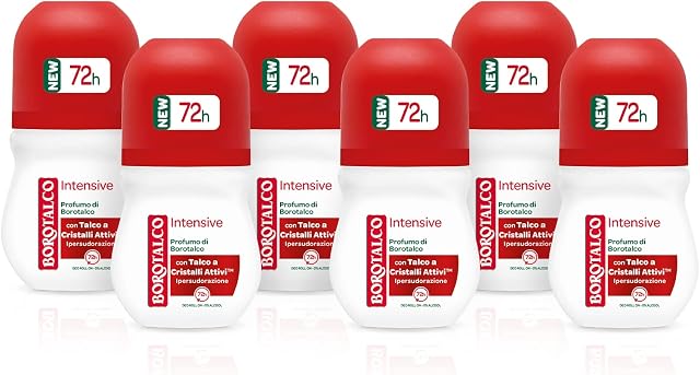 Borotalco, Antyperspirant dezodorant Roll On Intensywny, pochłania pot i nie pozostawia halonów, idealny do nadmiernego pocenia się, anty-haloni, zapach talku, dezodorant dla mężczyzn i kobiet, 6