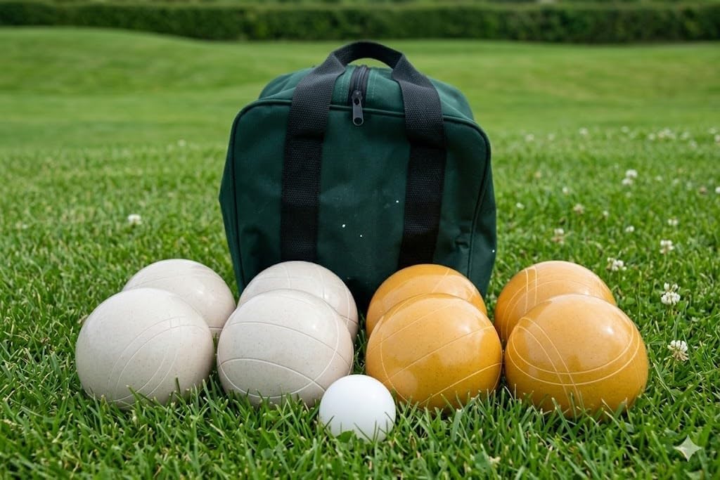 BuyBocceBalls Listing - Made in USA, Premium Quality Tournament Bocce Set - 110mm Gold and White Balls, Nylon Green/Black Bag, 998 Grams (2 lbs. 3.2 oz.). Various Bag Colors
