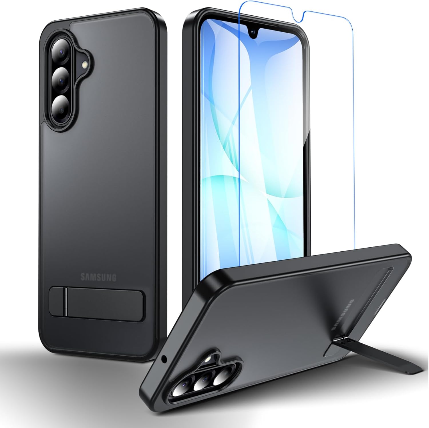 Case for Samsung Galaxy A17 5G Phone Case with Screen Protector and Adjustable Stand, Shockproof Drop Protection Samsung A26 Case, Translucent Matte Back Phone Cover for A17/A26 6.7", Black