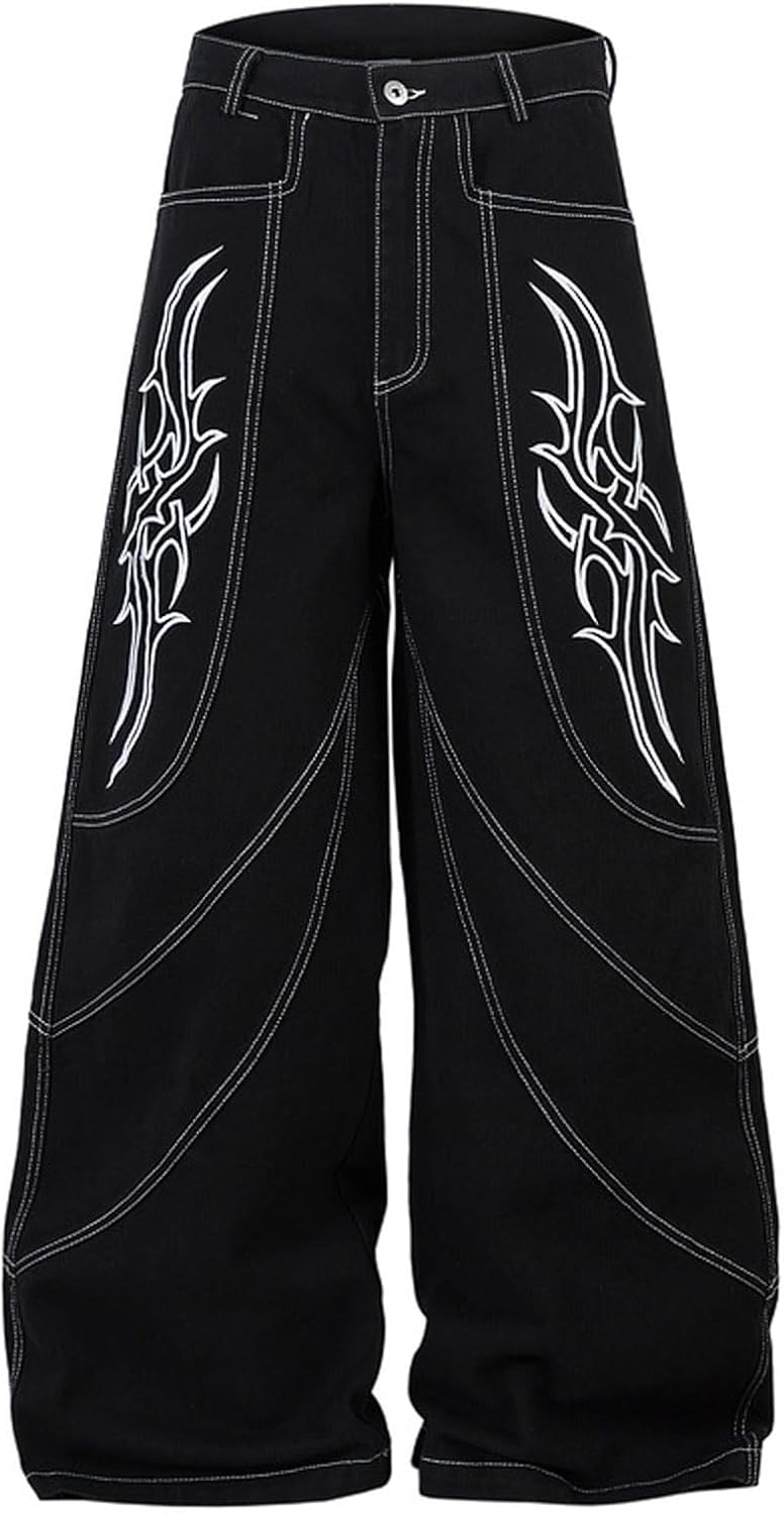 Y2K Jeans Gothic Straight Tube Loose Wide Leg Pants for Men Hip-hop Retro Totem Embroidery Washed Denim Pants