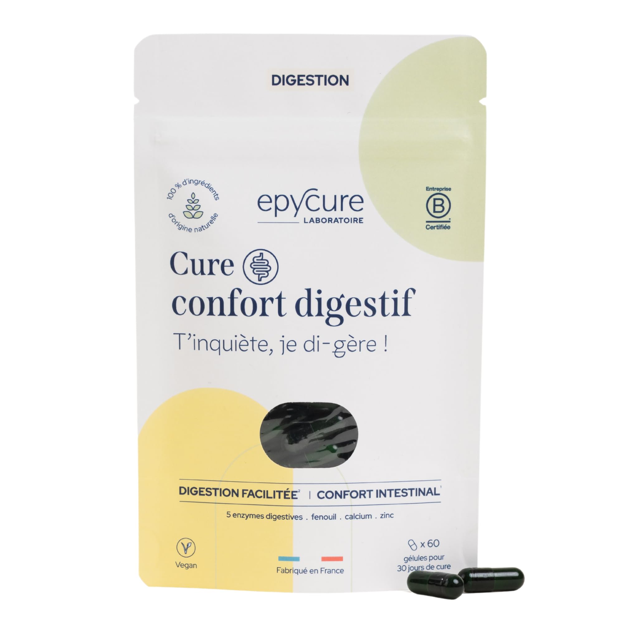 EPYCURE - Cure Confort Digestif - Améliore Digestion & Transit, Réduit Ballonnements & Flatulences - 95% Naturel - 5 Enzymes Digestives, Calcium, Fenouil, Zinc - 1 Mois - Vegan - Fabriqué en France