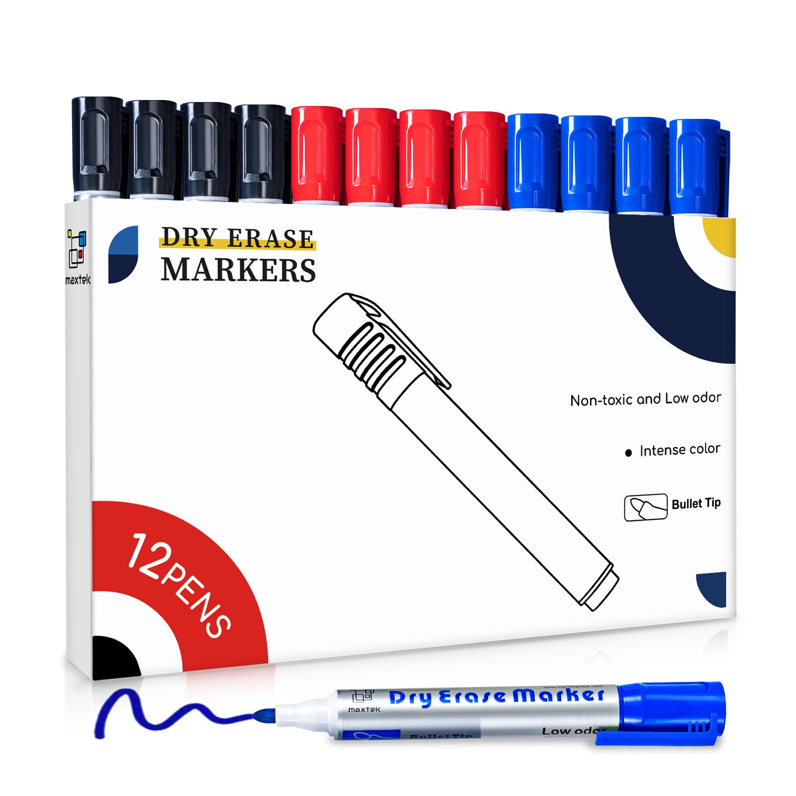 maxtek Rotuladores Pizarra Blanca, 12 Whiteboard Marker, Punta Redonda 2-3 mm, Juego de tinta de bajo olor en 3 colores, Para el Hogar Escuelas u Oficin