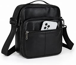 Raffinato Men's Shoulder Bag Vertical Small Lightweight Sheep Leather Handbag 2-Way Shoulder Crossbody Bag Leather Sacoche Waist Bag Compact Large Capacity Body Bag Popular Business Black Father's Day
