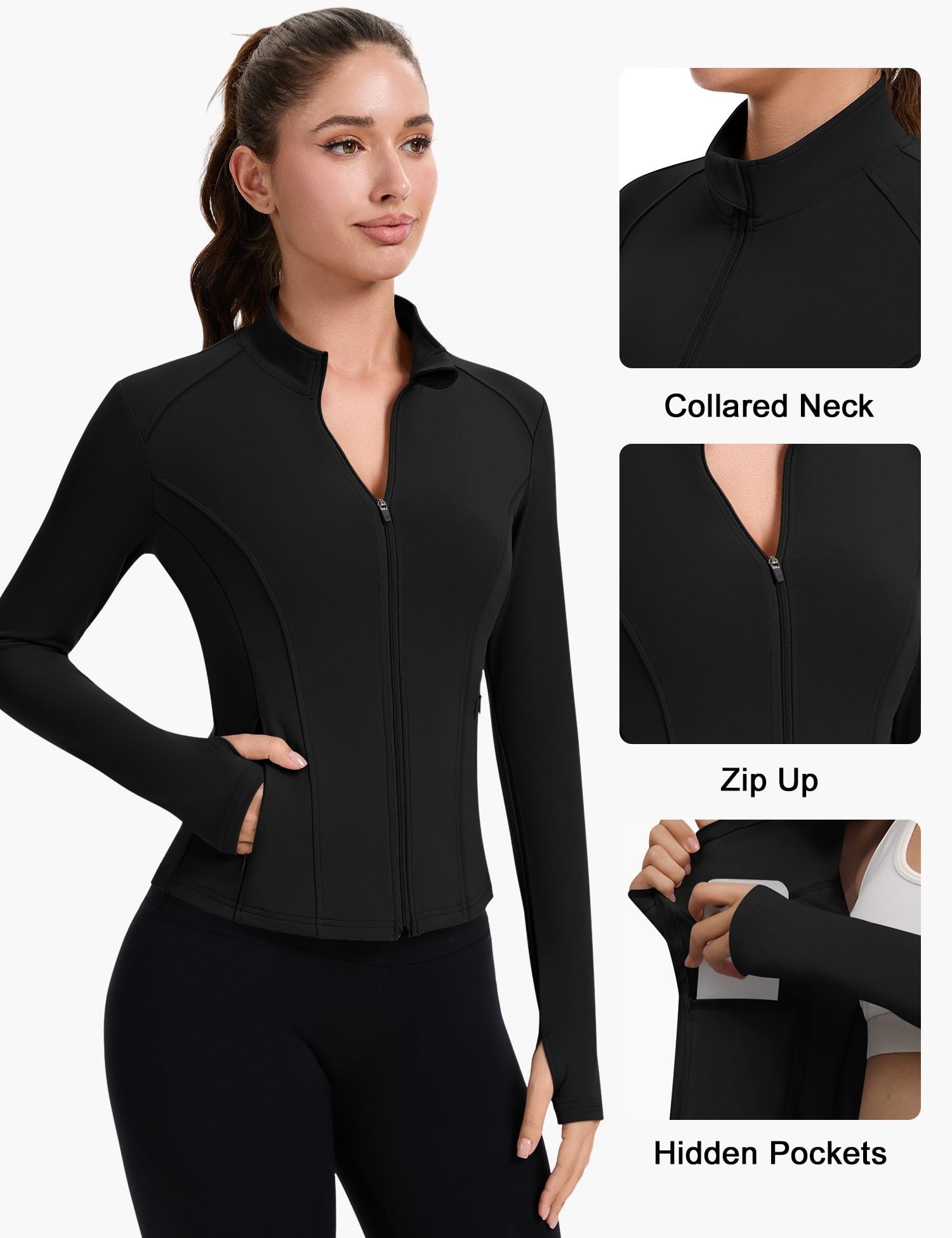 IECCP Haut de sport pour femme - Veste de course à pied à manches longues - Respirant - Vêtements de sport - Léger - Évacuation de l'humidité - Avec trou pour le pouce et poches latérales