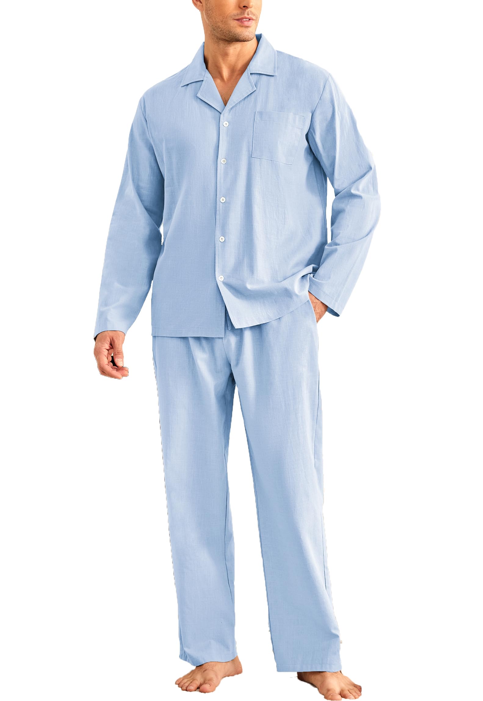 Ekouaer Men's Long Pyjamas Cotton Two-Piece Sleepwear Long Sleeve Loungewear Winter S-XXL