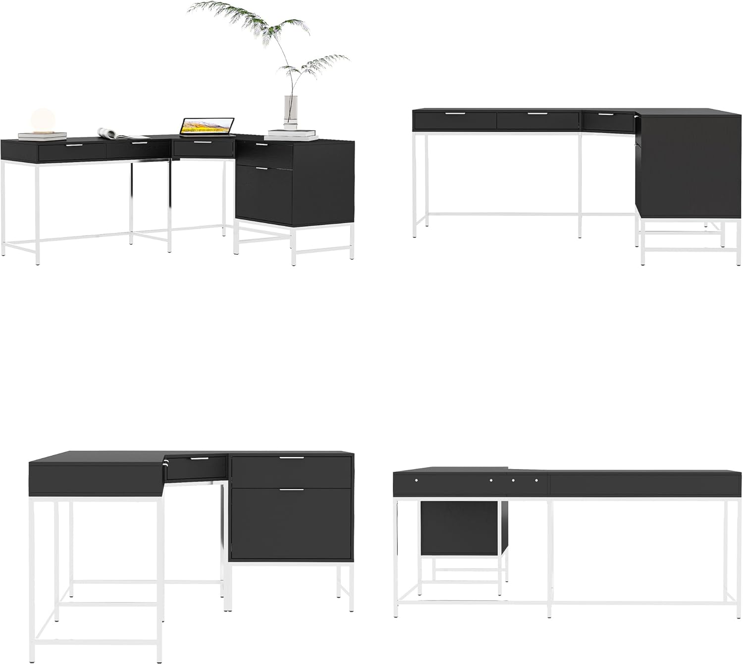 Computer Desk with 5 Drawers, L Shaped Office Table with Metal Frame and File Drawer, 70.8" Writing Work Study Table, Modern Wood Grain Corner Workstation for Home Office, Black