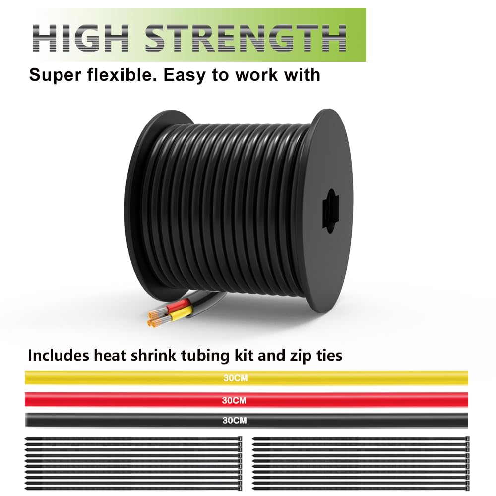 Cable Eléctrico 20/3 de 15,24M 3x0.5mm², 12/24V Cable de Calibre 20 para Automoción, Iluminación LED, Barco