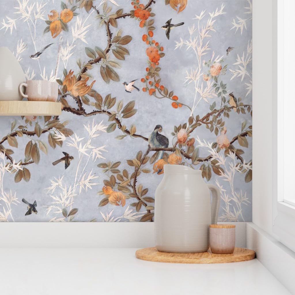 Spoonflower Removable Wallpaper 12ft x 2ft - Chinoiserie Vintage Dusty Blue Sky Floral Birds Chinese Antique Custom Pre-Pasted Wallpaper