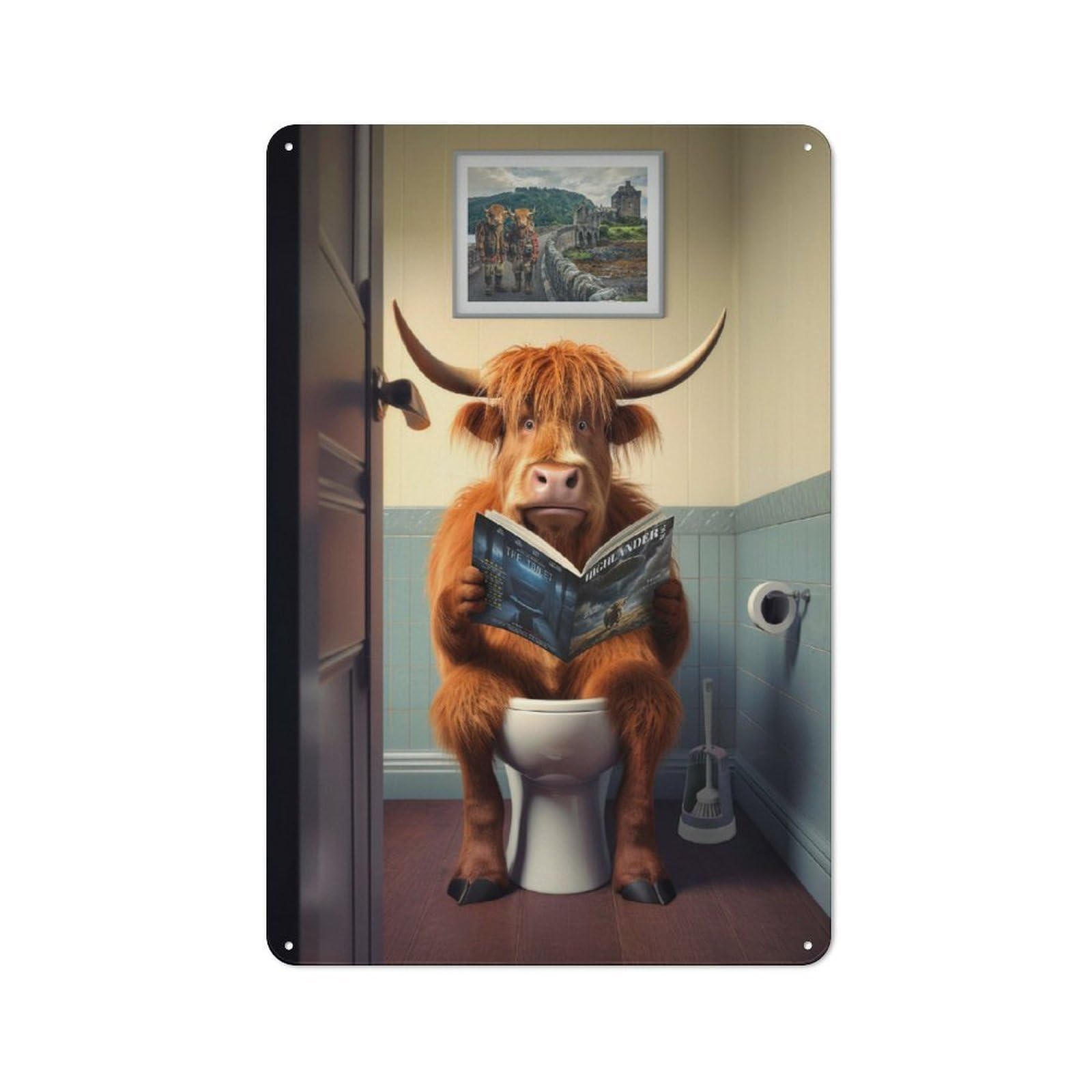 Junmoney Style-15 Workshop Style Garage Metal Sign 30X20cm Featuring Highland Cow On The Toilet, Industrial Wall Art For Garage, Hobby Room, Office Or Man Cave