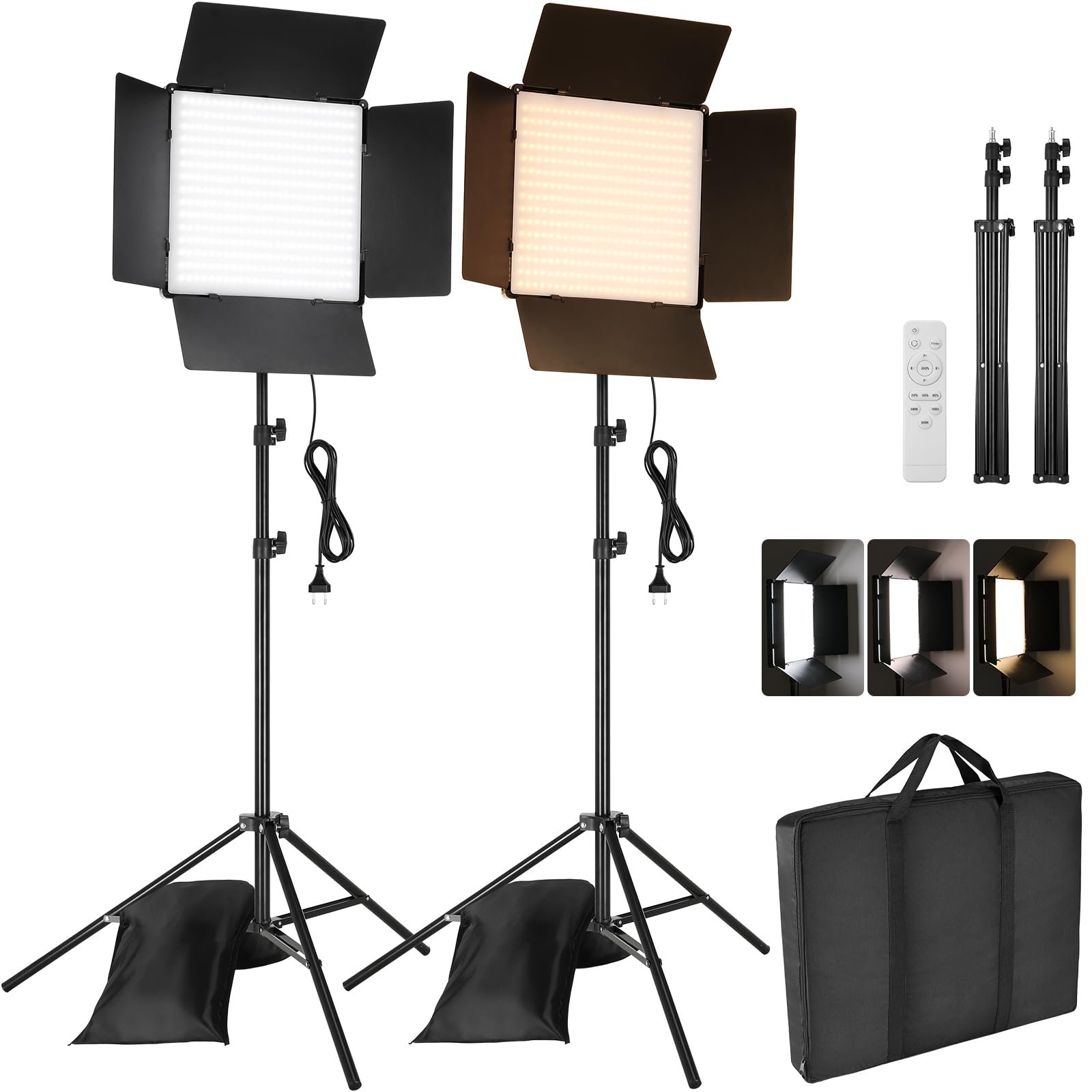 LED Videoleuchte, 2-Pack zweifarbige Studioleuchten, 720 LEDs Video Streaming Licht mit Fernbedienung 195cm Stativ, 3000–6300K, 10-100% Dimmbar, für YouTube TikTok Fotografie (33x33 cm)