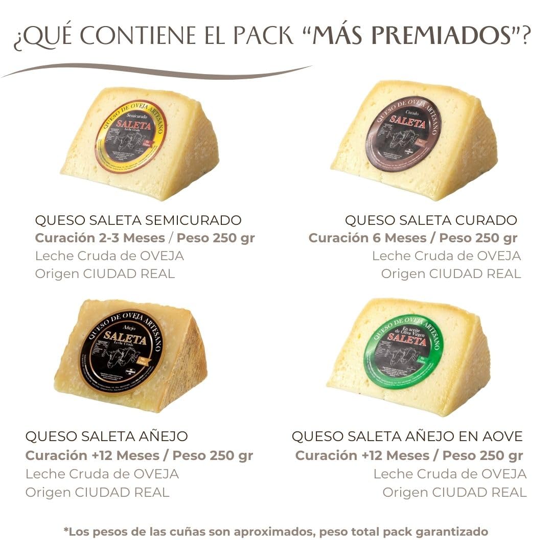 SALETA® Cesta Quesos Gourmet Regalo | Queso Oveja de La Mancha | 4 Cuñas Queso Curado, Semicurado, Añejo y en Aceite de Oliva Virgen Extra | Surtido de quesos "Pack Más Premiados 1Kg" — view 2