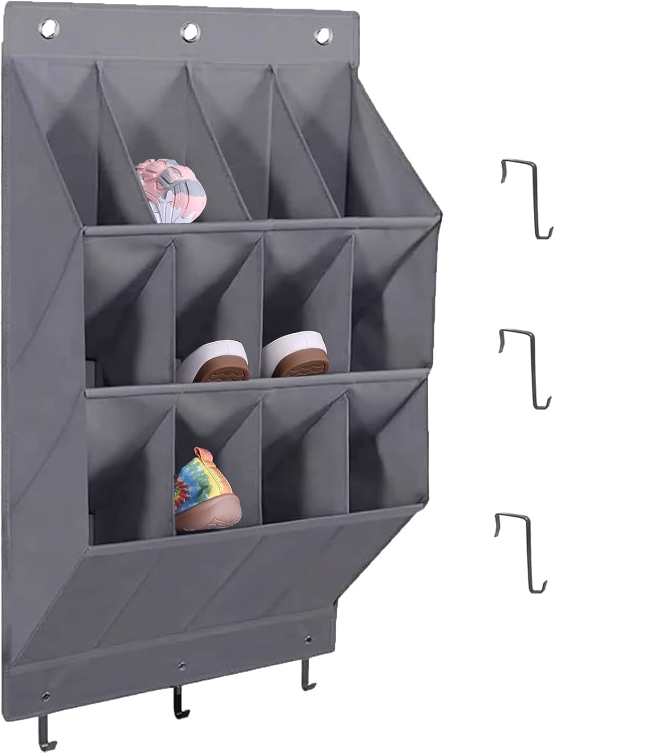 Organizer per scarpe da appendere, con gancio, porta scarpiera con 12 tasche profonde per armadio, organizer da appendere alla porta per campeggio, armadietto, dormitorio e camper, grigio