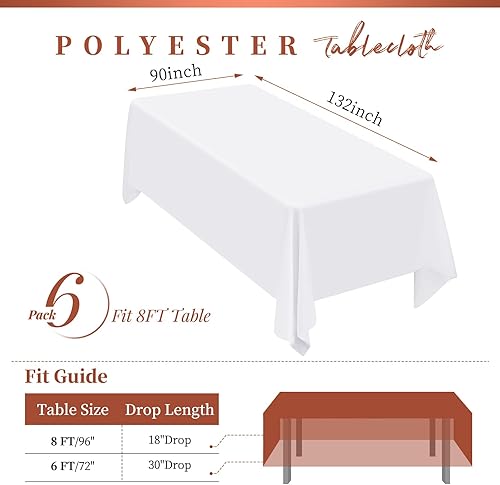 Miniatura 2 de Teruntrue Paquete de 6 manteles rectangulares blancos de 90 x 132 pulgadas, mantel de tela de poliéster de 8 pies, resistente, lavable, rectangular,