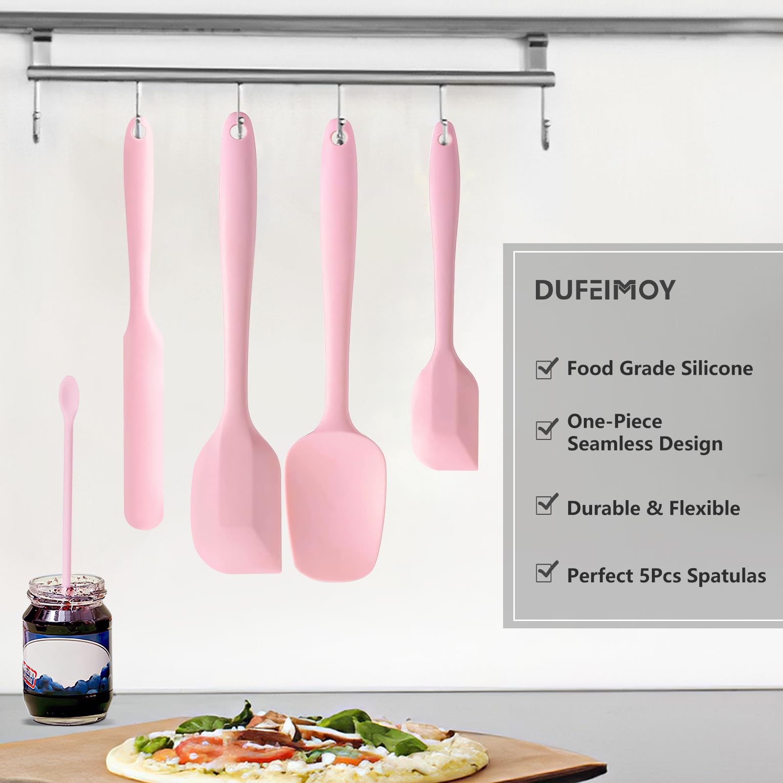 Juego de 5 espátulas de silicona resistentes al calor, juego de espátulas de cocina de color rosa, aptas para lavavajillas para utensilios de cocina antiadherentes para hornear