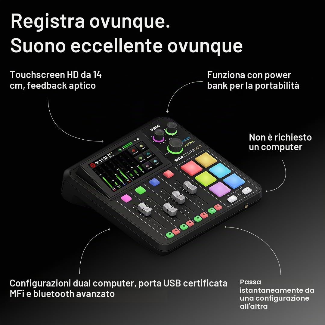 RØDE RØDECaster Duo Soluzione di produzione audio compatta all-in-one RØDE RØDECaster Duo per i podcast, lo streaming, la produzione musicale e la creazione di contenuti