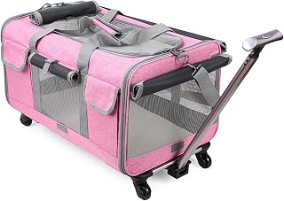 Pet Carrier with Wheels,Portable Dog Travel Carrier with Telescopic Handle for Small Dog & Cat,Ventilated Design,Removable Base,Easy to Fold,Ideal for Traveling/Hiking/Camping (Pink)