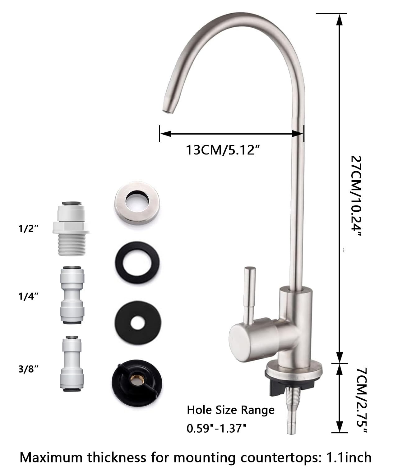 Grifo de agua potable para cocina, grifo de ósmosis inversa 100% sin plomo, grifo de agua filtrada de cocina de acero inoxidable, grifo RO de níquel cepillado con tubo de rosca más largo