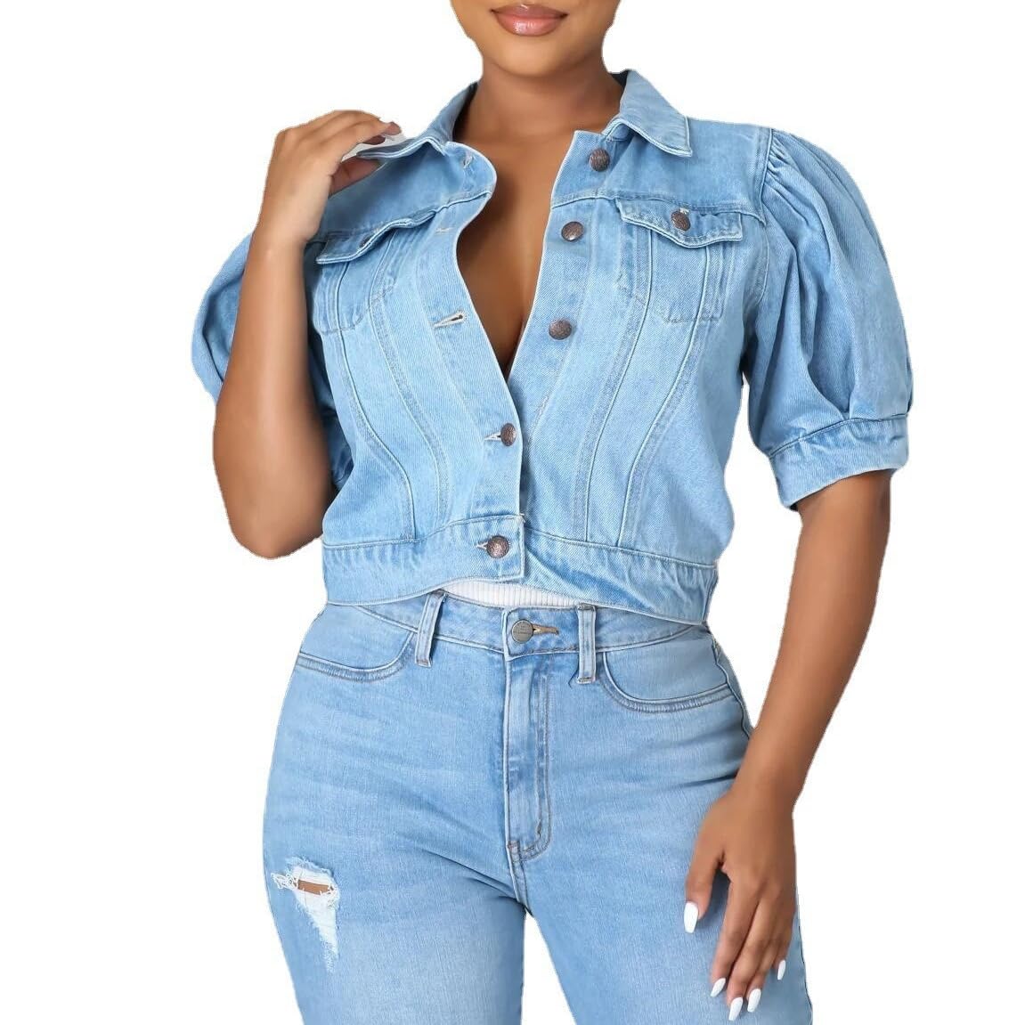 TOMPPYWomens Denim Jackets, Women'S Denim Jacket Fashion Light Blue Lapel Short Puff Sleeves Button Up Western Denim Jacket Vintage Wash Faded Crop Denim Coat Spring Transition Casual Outwear