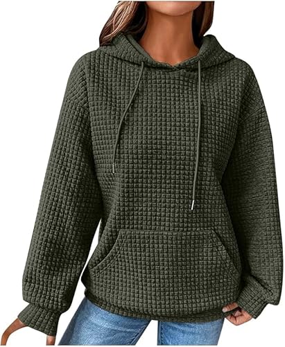 Kenhansion Womens Trendy Fall Fashion Hoodie Sweatshirts Long Sleeve Waffle Drawstring Pullover Hoodies Outwear with Pockets (Army Green,Medium)