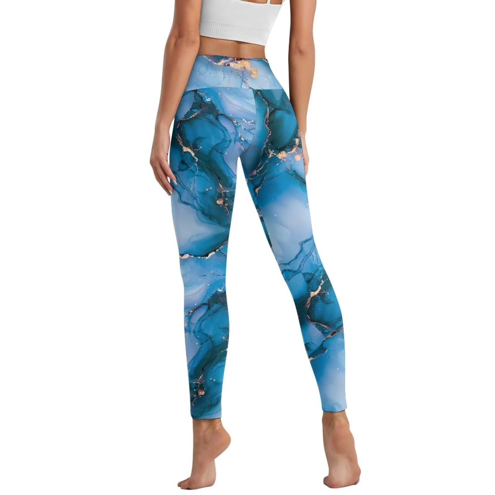 Poceacles Blue Gold Marble Pocket Yoga Leggings for Women Lounge Yoga Pants Tights Stretchy Slim Basic Pants Sportswear Active Yoga Leggings for Workout Sports Yoga, 3XL