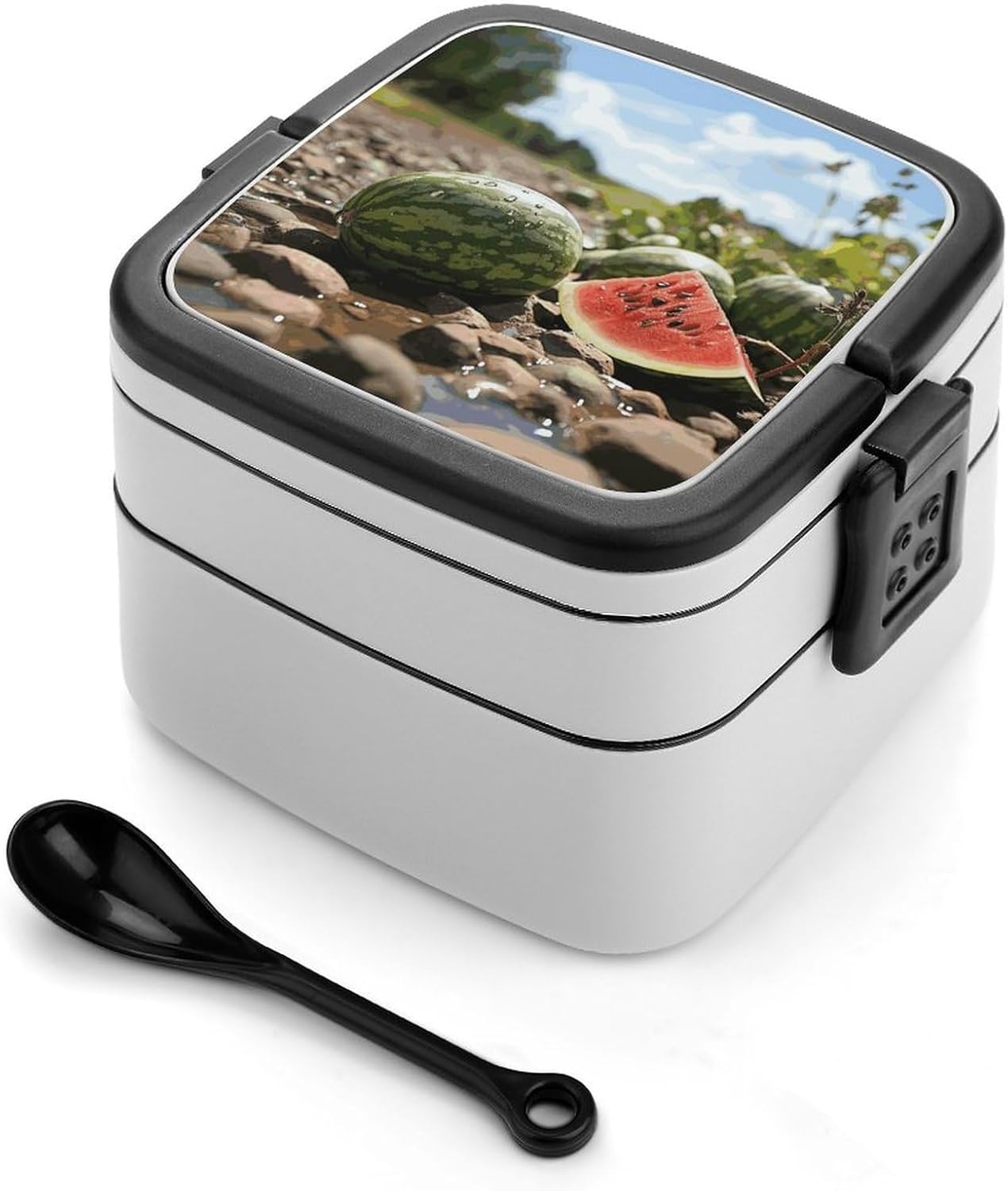 Watermelon on The Ground Bento Box with Spoon, 2-layer Stackable Lunch Box Leak Proof with Invisible Handle, Insulated Food Storage for Office, Picnic & Travel Watermelon on The Ground Bento Box with Spoon, 2-layer Stackable Lunch Box Leak Proof with Invisible Handle, Insulated Food Storage for Office, Picnic & Travel