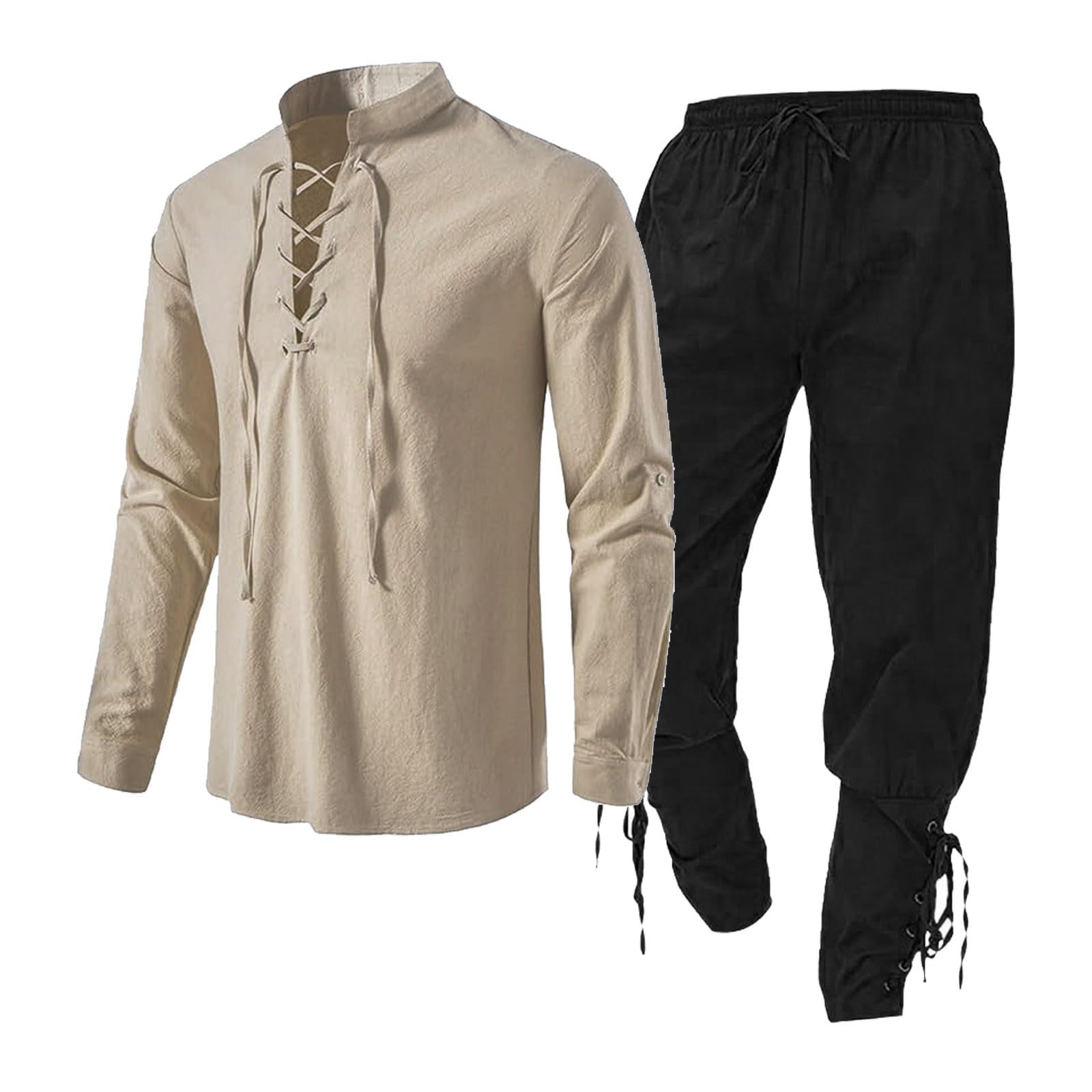 Medieval Men's Clothing Set, Linen Shirt and Pants with Ankle Straps Viking Costume Set Lace Up Tunic Top Outfit for Theme Parties Renaissance Fairs (Brown, M)