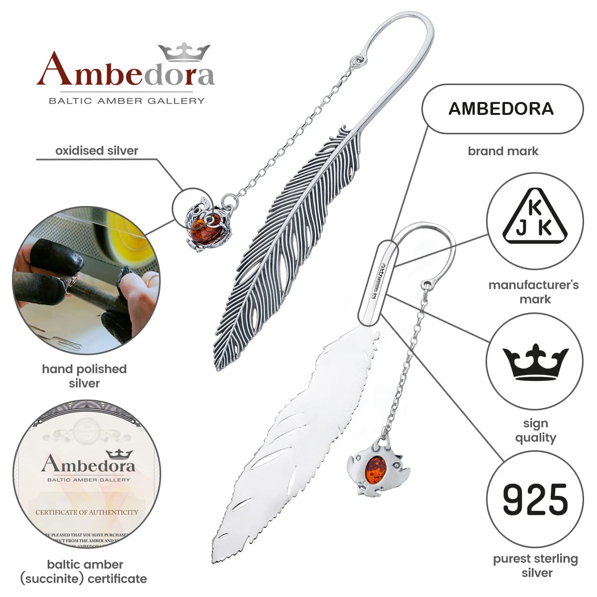Segnalibro in argento 925, superficie ossidata, ciondolo gufo con ambra baltica ovale color cognac, lunghezza circa 11,5 cm