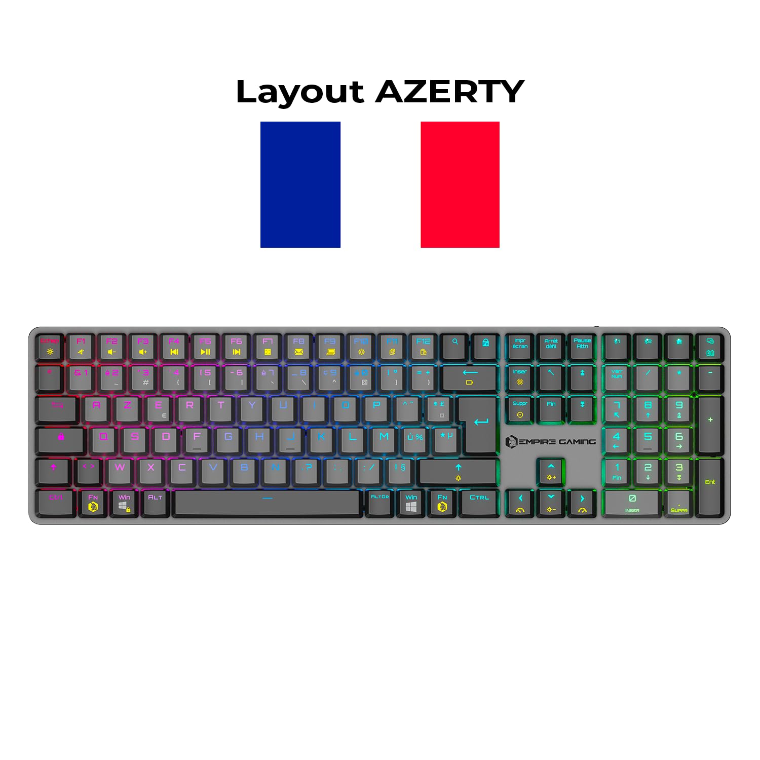 EMPIRE GAMING RF243 – Clavier Gaming Mécanique sans Fil Slim Low Profile en Aluminium,Rechargeable FR (AZERTY), Triple Mode (2,4GHz/BT/USB-C), 111 Touches MX Red, RGB, NKRO, Compatible PC/Mac/P5/P4/XB
