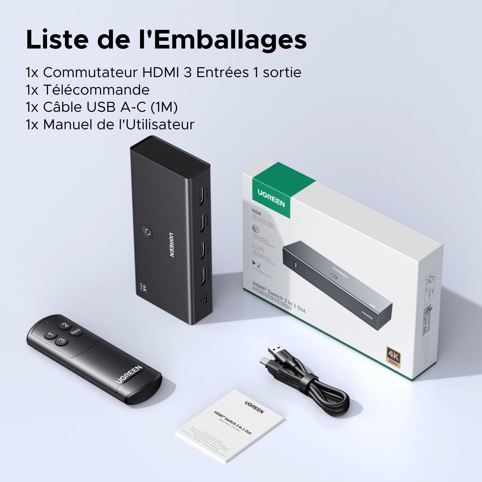 UGREEN Commutateur HDMI 2.0 4K 60Hz 3 Entrées 1 Sortie HDR10 Dolby Vision Télécommande