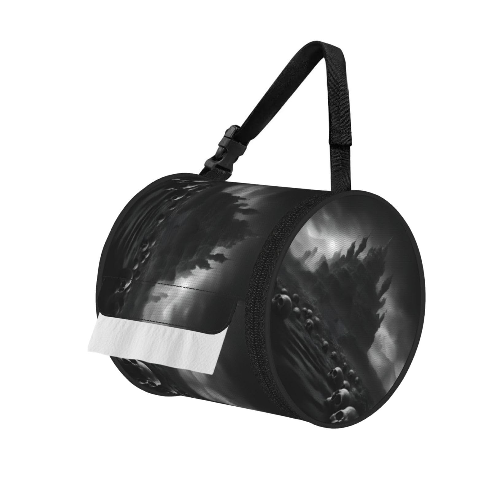 Jiuty Black And White Skulls 1 Print Cylinder Tissue Organizer Bag With Strap, Portable Toilet Roll Holder For Camping Car