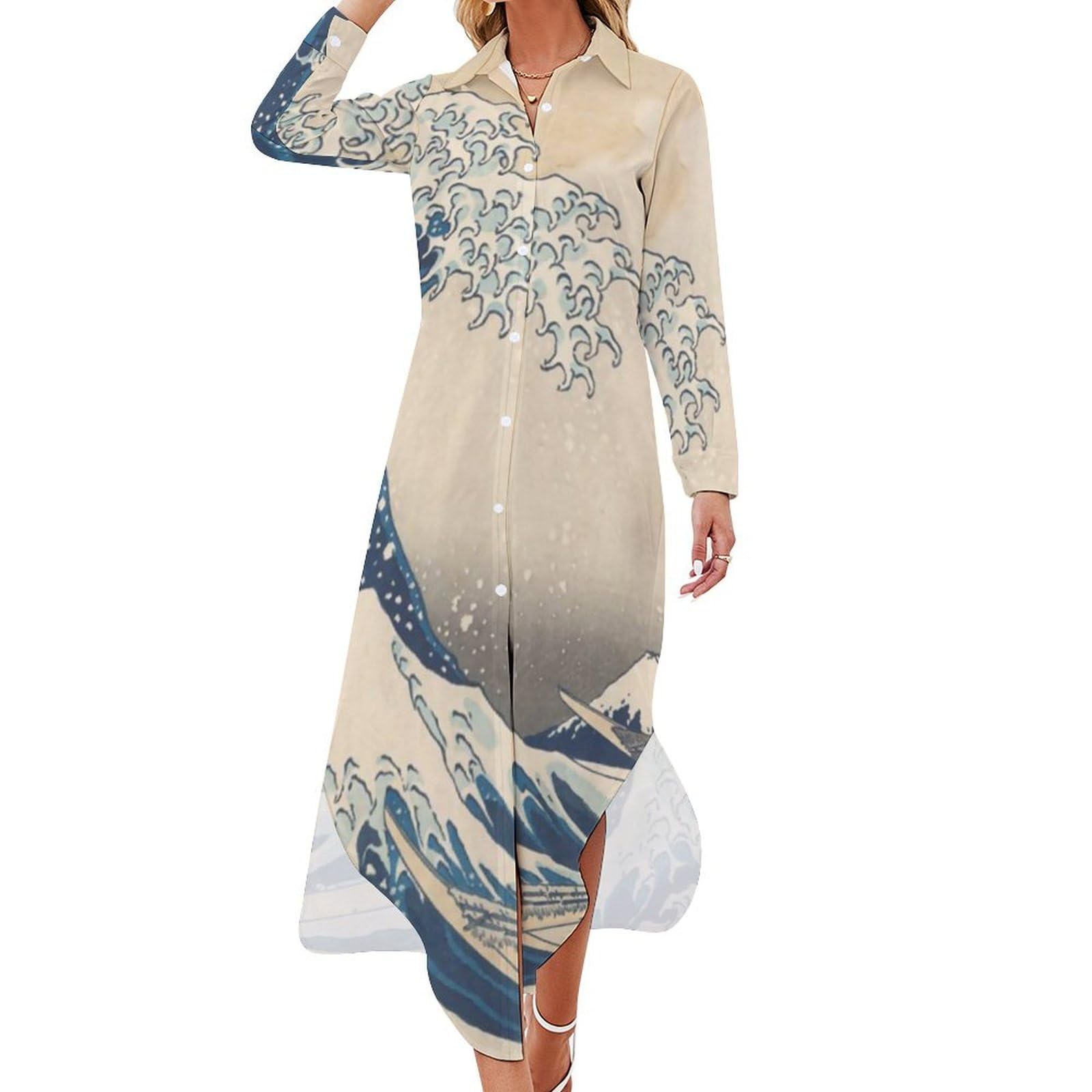Amazon.co.jp: シャツワンピース ロングワンピース レディース 浮世絵