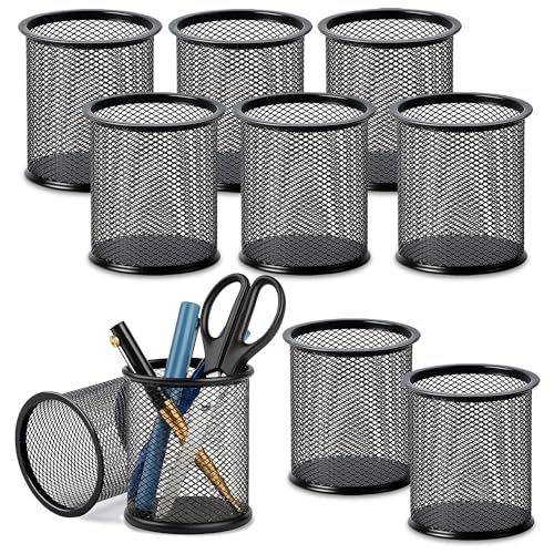 Image of GLUN Round Black Mesh Metal Desk Pen Stands 10 Piece, Pencil and Other Stationery Organiser Holder, Use at Office, School and Home