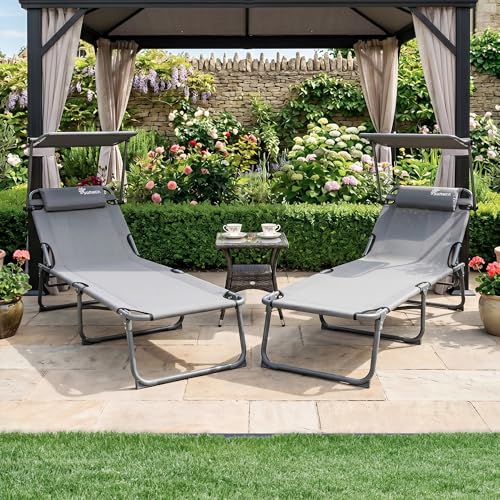 SUNMER Sun Loungers with Adjustable Backrest and Shade Roof Canopy Set of 2 Deluxe Garden Day Bed - 3 Position Reclining Folding Outdoor Sunbeds for Pool Patio Beach and Garden