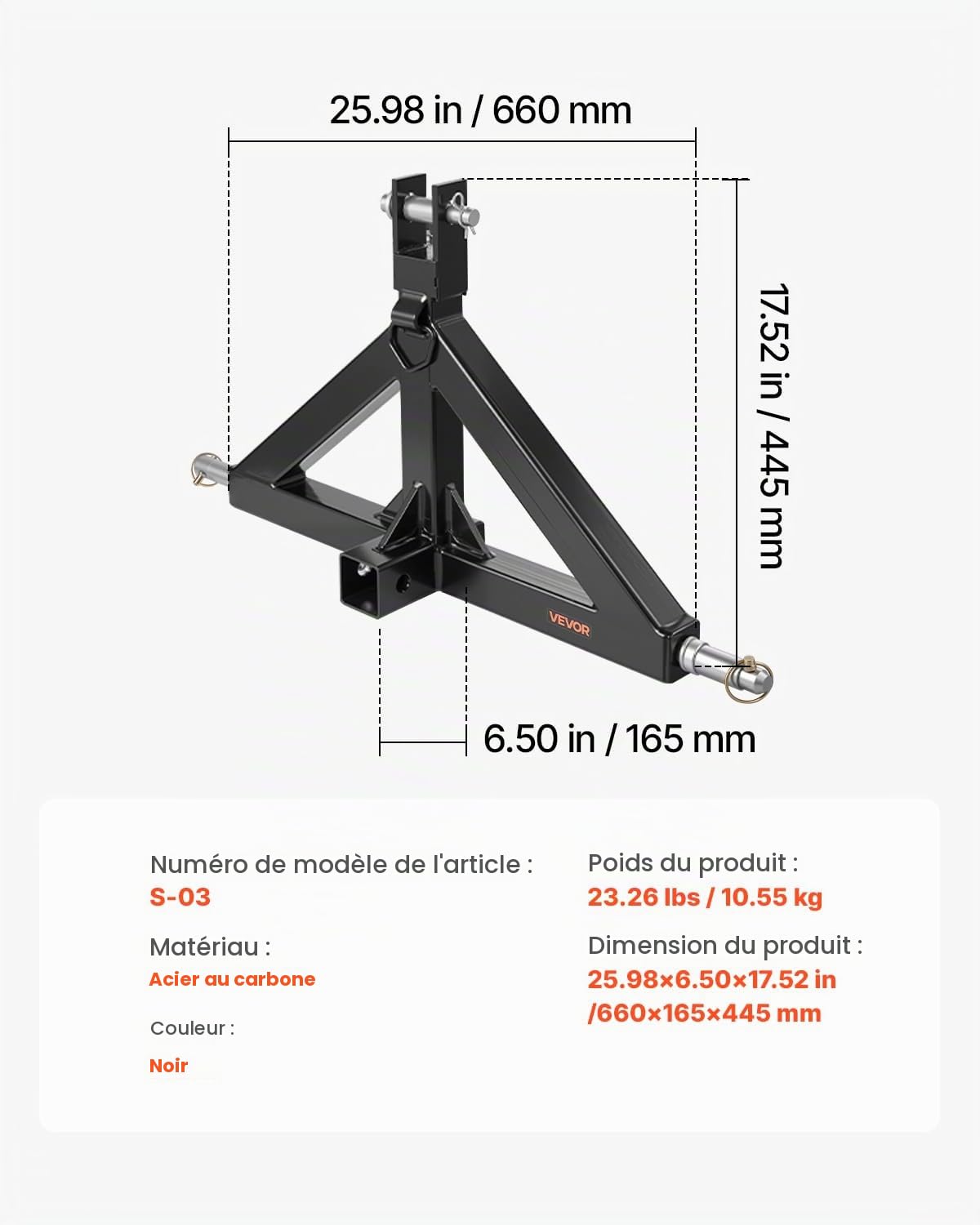 VEVOR Attelage 3 Points avec Récepteur 5 cm, Fixation Rapide 3 Points, Capacité 1360 kg, Adaptateur Barre de Remorquage Robuste pour Effectuer Travaux Agricoles pour Plupart Tracteurs à Attelage 5 cm